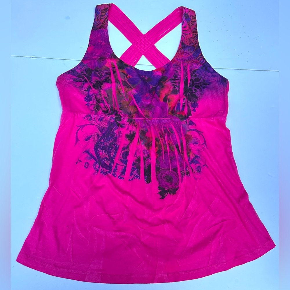 Decree Hot Pink W/ Purple & Black floral/abstract Designs Tank W/ Strapy Back XL